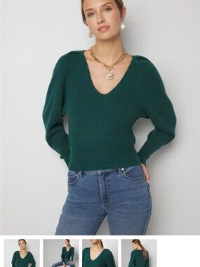 White House Black Market Deep Green V-Neck Puff Sleeve Sweater